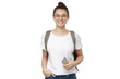 © Damir Khabirov - Student with backpack holding phone in white t-shirt with round glasses