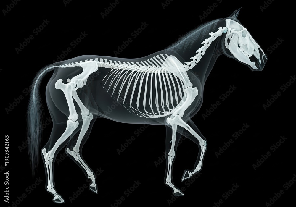 Detailed X-ray of a horse skeleton showing internal bone structure and ...