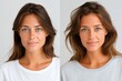 © Irina Mikhailichenko - Two portraits of a woman with freckles and wavy hair, one in a gray top and the other in a white sweater, showcasing different hairstyles and expressions