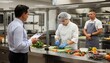 © Justlight - Medium shot of health inspector observing proper glove use by kitchen staff through glass partition emphasizing safety practices with manager standing nearby in background blur.