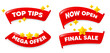 © blankstock - Top tips flag ribbon. Mega discount, Final sale, Now open. Top tips. Help assistance sign. Quiz quick tips symbol. Red flag ribbon banners. Promo offer tags. Vector