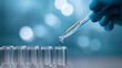 © Helga - Ultra realistic macro laboratory photo, close-up of a gloved hand (blue nitrile glove) holding a pipette with a clear droplet at the tip, dispensing into a row of transparent test
