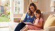 © Bilal Ulker - Cozy Reading Moment: A mother and daughter share a tender moment of bonding while reading together on a comfortable sofa in their warm home.