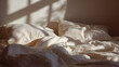 © hide - Close-up of messy but aesthetic white linen bed sheets with soft morning shadows from a window.