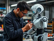 © Lowbuck - Technician's Insight: A skilled technician meticulously examines and adjusts a robotic form in a modern industrial workshop, showcasing precision and technological advancement.