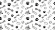© Dharma - Seamless pattern of black and white dog essentials including paw prints, bones, tennis balls and toys, concept for pet shop packaging, fabric printing and veterinary branding