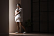 © Pixel-Shot - Female sleepwalker with sleeping mask and pillow near open door in dark bedroom at night