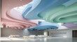 © Aura - Large open hall featuring artistic undulating ceiling layers in blue pink and green tones