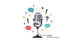 © Ripon - Retro studio microphone surrounded by colorful speech bubbles stars and punctuation marks for podcasting concept.