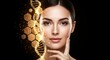 © mayur - Beauty Portrait of Woman with DNA Helix and Hexagon Pattern Overlay, Skincare and Biotechnology Visual, Cosmetic Treatment Theme, Scientific Background, Glowing Skin Close Up on Dark Studio Scene