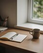 © NovoPix - A close-up shot of an open notebook and a coffee mug on a wooden desk next to a window, perfect for creative work and study