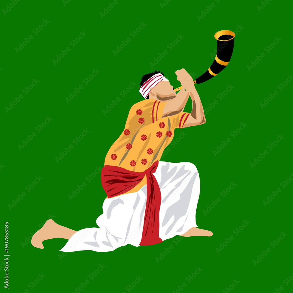 Illustration of an Assamese Man in Bihu Costume Playing Pepa Instrument ...