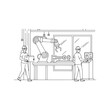 © Journey - Industrial Workers with Automated Robotic Arm in Factory Plant Line Art Illustration