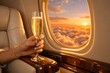 © 唯雅 李 - Champagne in Private Jet Cabin - Woman's Hand Holding Glass with Sunset Cloud View