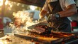 © LV - A closeup of a blacksmith working on a red hot grill to cook spiced meat over wood at an Indian market