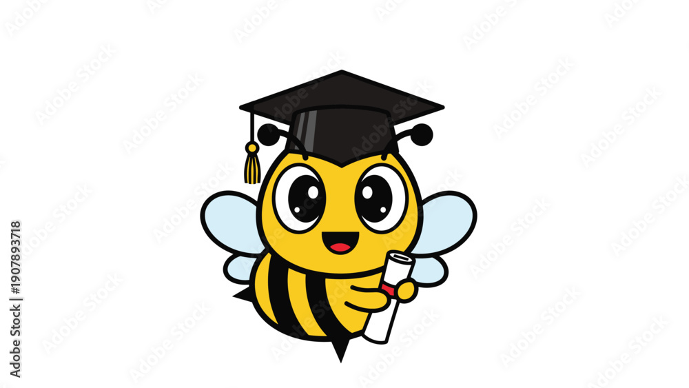 Cute cartoon bee wearing a black graduation cap and holding a diploma ...