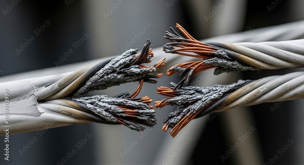 Severed electrical cable revealing frayed inner wires. Close-up of ...