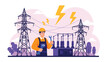 © Enamul - Skilled electrician wearing a safety helmet and holding tools while standing in front of high voltage power lines and towers.