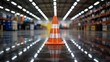 © Raees - moving escalator in shopping mallOrange traffic cone on reflective warehouse floor with blurred industrial storage background
