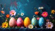 © Marko - Happy Easter greeting Card with copy space. Colorful easter eggs with spring flowers on dark blue background