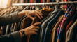 © Ryuma - Close-up of hands selecting clothing from a rack in a boutique, representing shopping, fashion choices, and retail lifestyle.