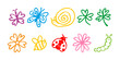© LENNAMATS - Cute kids chalk drawing doodles set. Colorful spring nature doodles drawn with chalk or wax crayons. Set of butterfly, snail, flower, bee, ladybug and caterpillar.