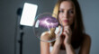 © redcat - Hypnotic electric bubble, young woman observing sphere containing purple lightning. Vibrant electric bubble effect symbolizes innovation, creative energy. Conceptual electric bubble for science,