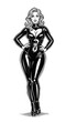 © Aleksei - A curvy woman in a tight black latex catsuit, rendered in a black and white sketch engraving style, stands confidently.