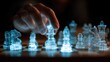 © Stock by Anindya - Close-up of a human hand moving a glowing holographic king chess piece on a digital chessboard, representing AI strategy and futuristic technology concept.