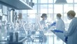 © Photo by mQ - Chemical synthesis laboratory with distillation equipment, flasks and beakers, professional lab technicians in protective gear, scientific research process, pharmaceutical development, high-tech.