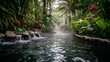 © 锴 张 - Tranquil hot spring waterfall spa landscape with geothermal pools, jungle rainforest nature, rising steam and serenity in misty hills, lush greenery and primeval wilderness creating a peaceful retreat