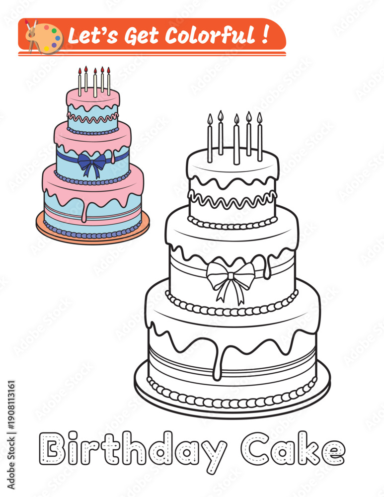 Black and white birthday cake coloring page for kids. Simple line art ...