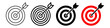© Emma Reese - Four simplified target icons with arrows symbolizing accuracy and achievement presented in black line art solid black fill and red and black circular designs bullseye goal