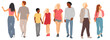 © Galina - Walking people on vacation, family with children and couples, vector silhouettes, profile, front and back views, different colors, cartoon character, flat icon, design concept, isolated on white