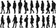 © Jakiatur - Full length black silhouette of students and young professionals walking and standing with backpacks and bags, diverse group isolated on white background,
