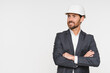 © InsideCreativeHouse - Portrait, businessman and engineer with suit in studio, project manager in construction. Male person, professional and building, industry and hardhat for development in property, copy space