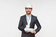 © InsideCreativeHouse - Businessman, portrait and architect with blueprint hard hat for safety or planning on a white studio background. Man, contractor or engineer with documents for architectural design or floor plan