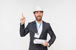 © InsideCreativeHouse - Businessman, portrait and architect with blueprint hard hat for safety planning pointing finger up white studio background. Man, contractor engineer with documents for architectural design floor plan