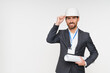© InsideCreativeHouse - Businessman, portrait and architect with blueprint hard hat for safety planning white studio background. Man, contractor or engineer with documents for architectural design or floor plan, copy space