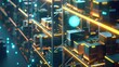 © BYAI - Digital scene showing organized storage space filled with glowing boxes and bright lines at a warehouse
