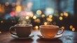 © Plaifah - Cozy scene with two steaming cups of coffee on wooden table highlighting warm ambiance with blurred lights in the background for a relaxed atmosphere