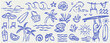 © KPstudio - Hand drawn doodle beach and surf vector illustration set. Tropical naive coastal elements like palm trees, waves, surfboards, and sun perfect for summer designs, t-shirts, posters, and placard prints.