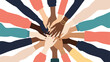 © Delowar - Large group of hands with different skin tones meeting in the center to form a circle symbolizing deep unity, teamwork, and global social cooperation.