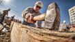 © FrameLab - Construction Carpenter Hammering Wedge Into Concrete Formwork With Dynamic Arm Motion Blur On Site