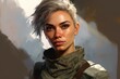 © juliars - Woman with short blonde hair wearing tactical gear, symbolizing strength and resilience
