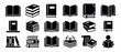 © Vladislav - Set of black silhouette book icons representing learning, knowledge, and literature, featuring open pages, stacked volumes, bookmarks, and a reader pictogram