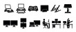 © Vladislav - Set of black glyph icons depicting various computer workstation setups, ergonomic accessories, and office equipment for a modern digital workspace in a minimalist vector style