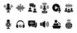 © Vladislav - Black podcast and audio broadcasting icon set featuring various glyphs for live streaming, sound waves, microphones, headphones, and communication symbols