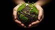 © TechNova Graphics - Two hands holding a green earth with moss and roots on black background