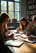 © Yaraslava - Collaborative Study Group Engaged in a Project at Library Table Amidst Knowledge and Creativity